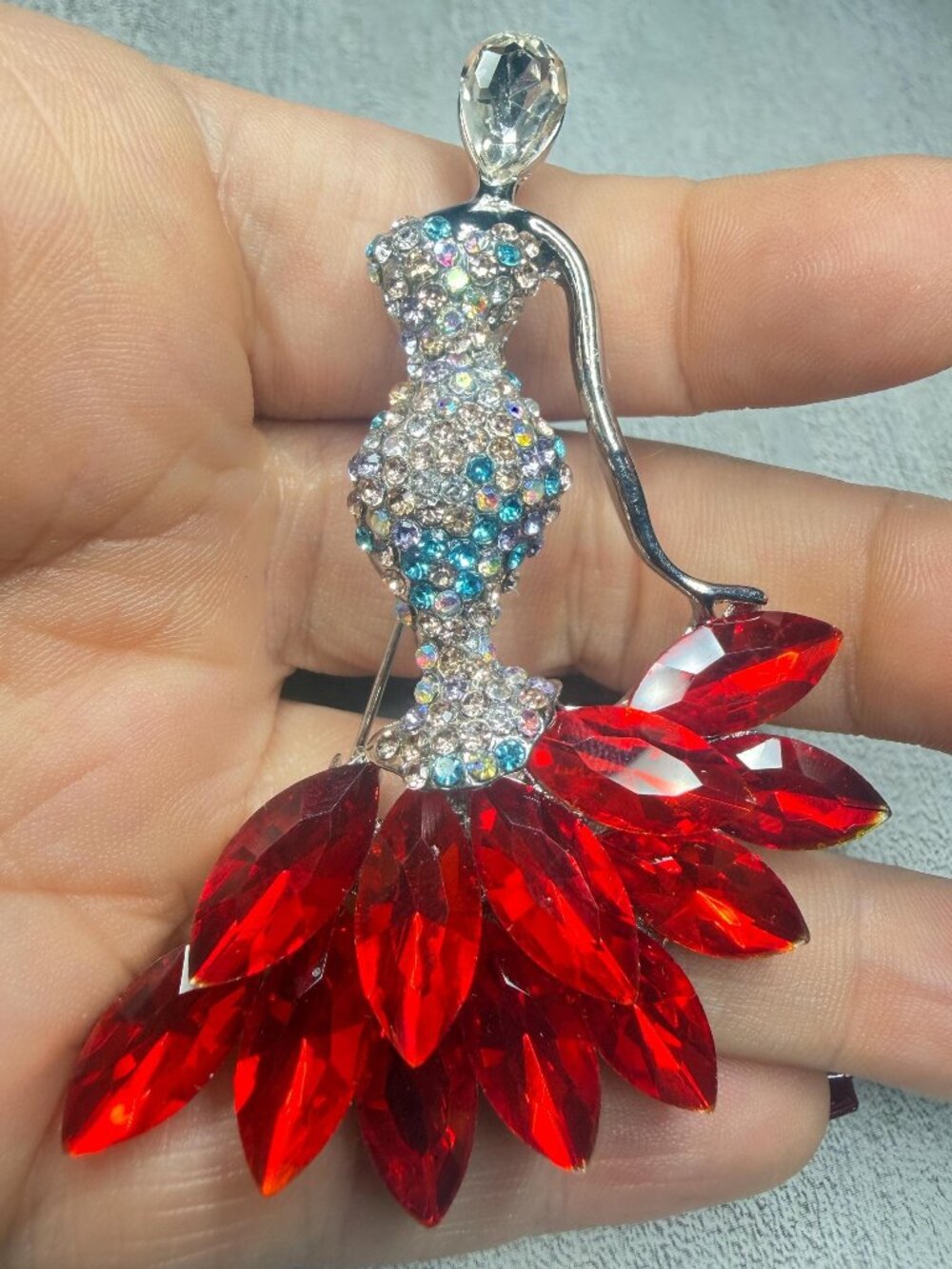 Lady Brooch Red Crystal Dress Pendant Rhinestones